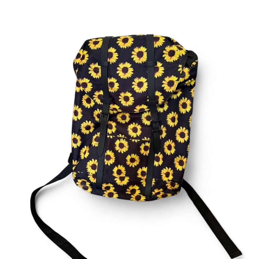 Sunflower Print Roll Top Backpack Black Yellow Laptop School Travel Book Bag